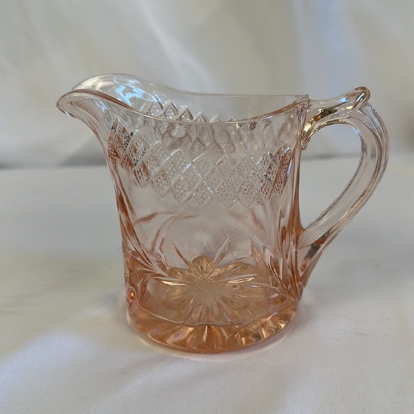 DEPRESSION GLASS PINK FLORAL AND DIAMOND BAND SMALL PITCHER - Picture 4 of 16